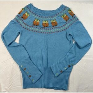 Lux Owl Sweater Women's Medium Blue Knit Novelty Fair Isle Style